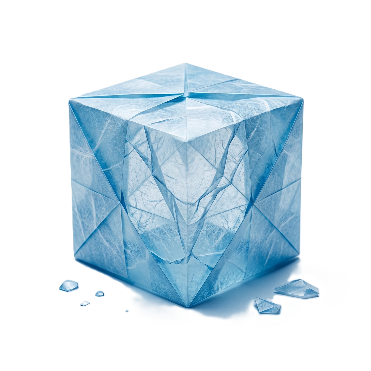 Folded-paper origami of an ice cube on warm cream paper