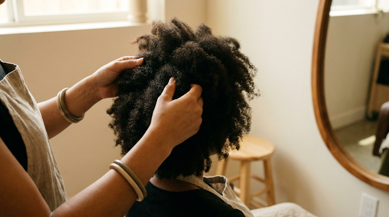 A stylist's hands gently parting a section of natural coily hair in soft daylight, reading its condition before any treatment