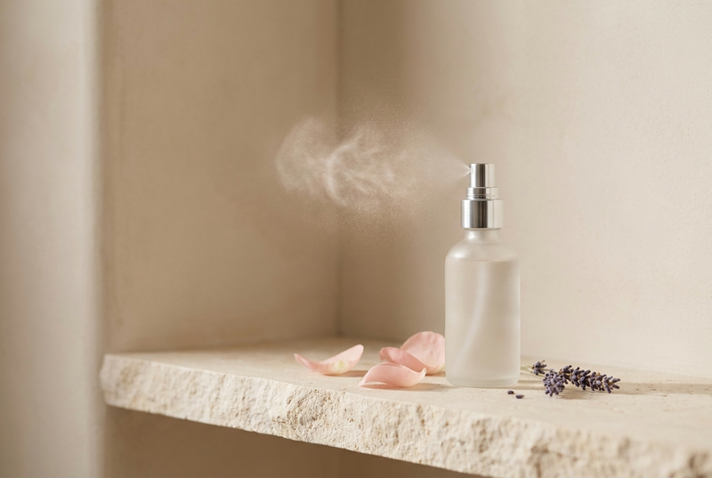Frosted glass facial mist bottle on a pale stone ledge in soft morning daylight, a fine haze of rosewater mist above it beside pink rose petals.