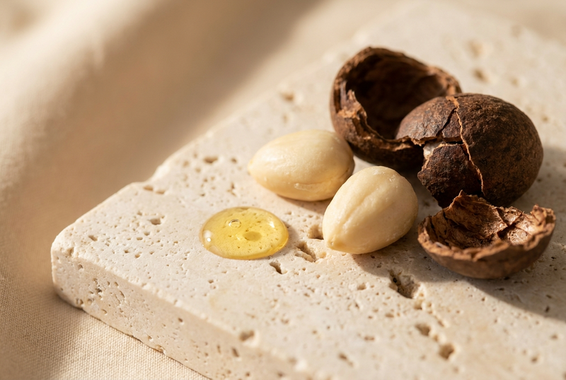 Macro still life of pale marula kernels and a cracked shell beside a golden bead of botanical oil on a warm cream stone surface in soft daylight.