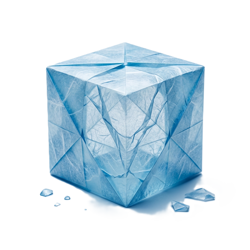 Folded-paper origami of an ice cube on warm cream paper
