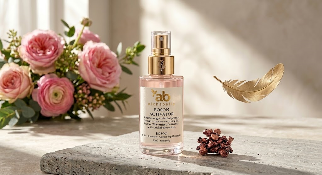 Skincare bottle with flowers and decorative elements on a light background