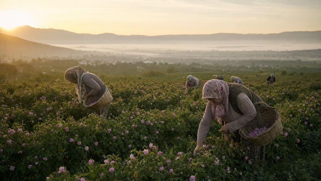 Two people working in a field with mountains in the background