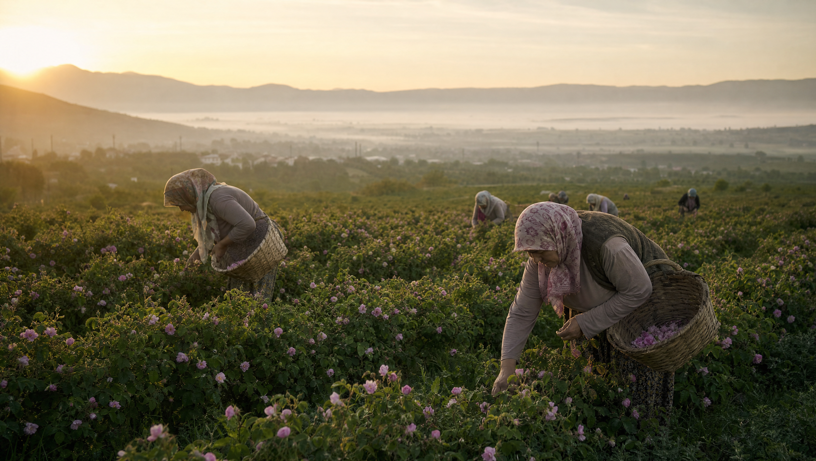 Two people working in a field with mountains in the background
