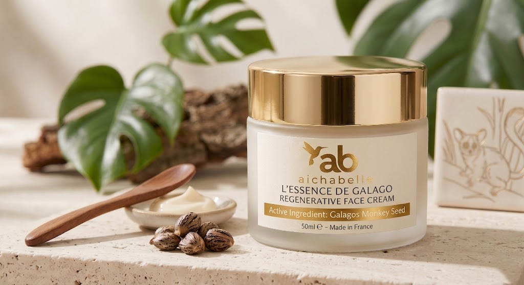 Achelab face cream jar on a wooden surface with plants in the background