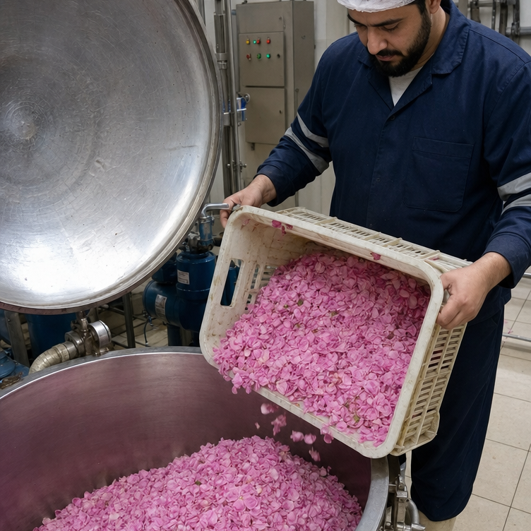 Person transferring pink material from a basket into a large metal container in a factory setting.