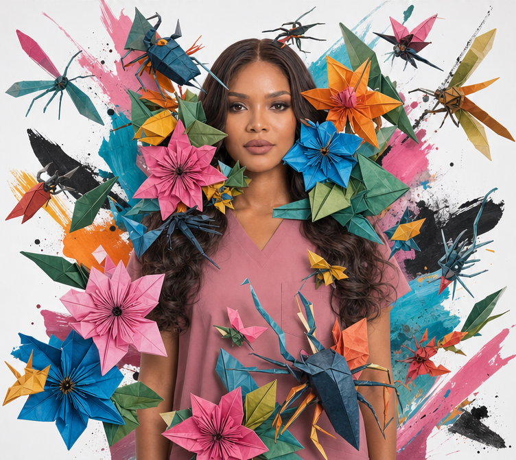 Woman with colorful origami flowers and insects around her on a white background