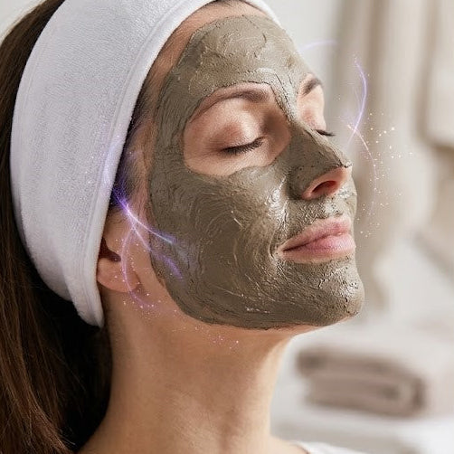 Collage of people applying face masks, including a woman, a man, and a couple on a couch.