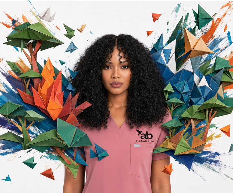 Woman wearing a pink scrub top with a logo, surrounded by colorful geometric tree graphics on a white background.