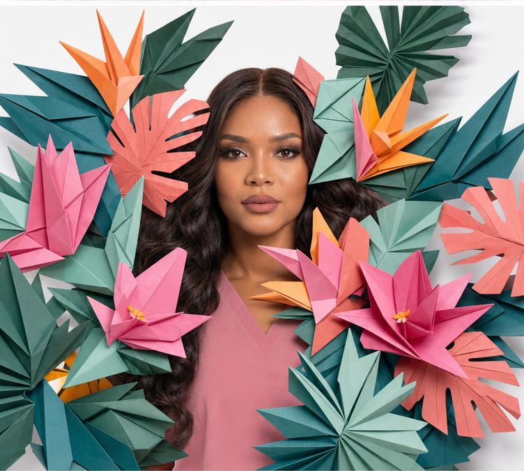 Woman surrounded by colorful paper flowers on a white background