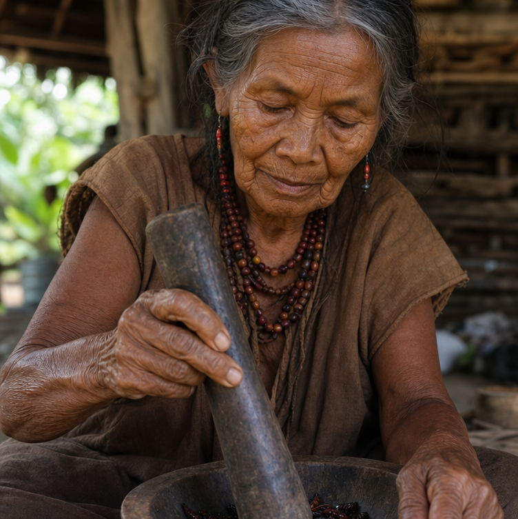 Old woman using a mortar and pestle outdoors
