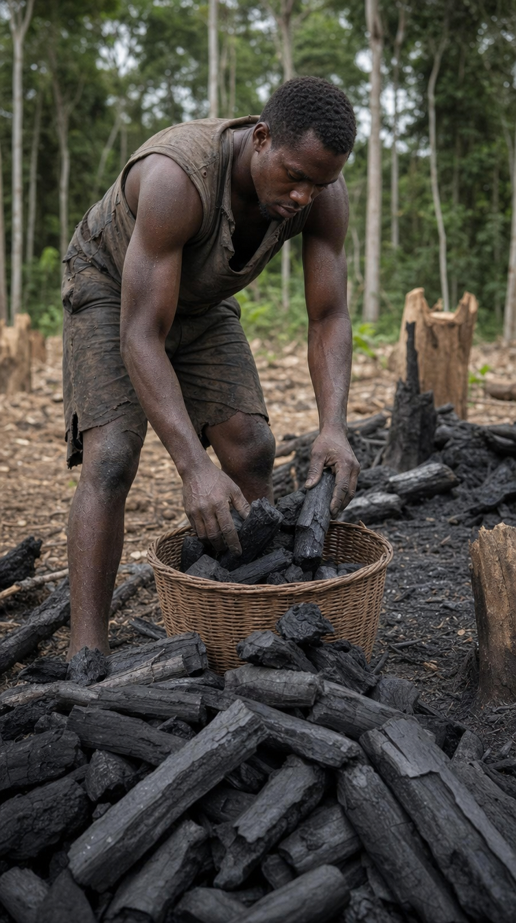 Man collecting charcoal in a forested area