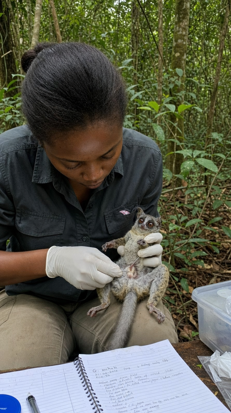 Person holding a small animal in a forest setting with notes and supplies on a table.